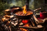 A pot of chili simmers, sending forth heady scents and making the ideal camping dinner. 