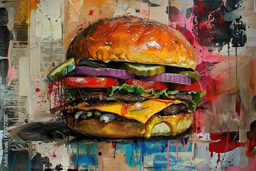 Delicious Cheeseburger Street Art Mural, Food and Culinary Marketing Painting, Contemporary Restaurant Menu Artwork photo