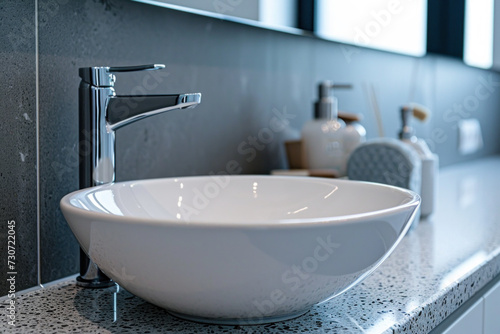 Modern bathroom interior with round sink and designer faucet. Home design.