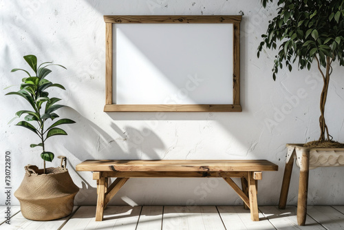 Empty wooden bench with frame and plant in bright interior. Home decor and furniture.