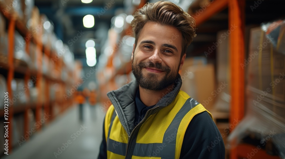 Logistics, transportation background, Professional worker working at warehouse with shelves full of delivery goods. Generative AI. Logistics, transportation background, Professional worker working at warehouse with shelves full of delivery goods. Generative AI.