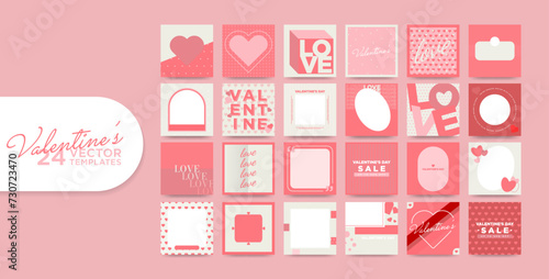 24 Valentine's Day Social Media Template in pink and red colors. Cute romantic valentine's design greeting cards. Editable Vector Illustration. 