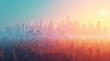 Foggy morning in the city. Sunrise over the foggy forest.The concept of new development in cities. Banner with copy space for your design and text.