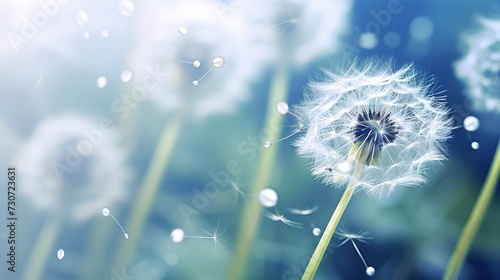 flower fluff  dandelion seeds with dew dop - beautiful macro photography with abstract bokeh background   generative ai 