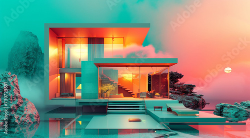3d rendering of modern cozy house with pool and parking for sale or rent. Clear summer evening with golden light. photo