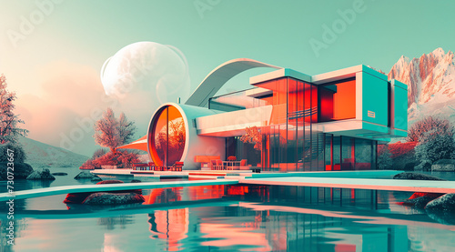 3D rendering of a modern house with a pool and a beach photo