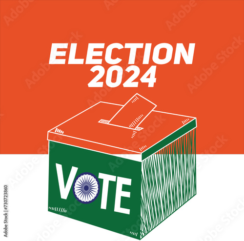 "Election 2024" design. Indian Elections Campaign design with a ballot box. Elections 2024 vector illustration on an orange and white background. Ideal for use in campaign posters and banners.