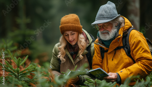 Male and female hikers looking at a map of the area in the forest, hiking through beautiful terrain
