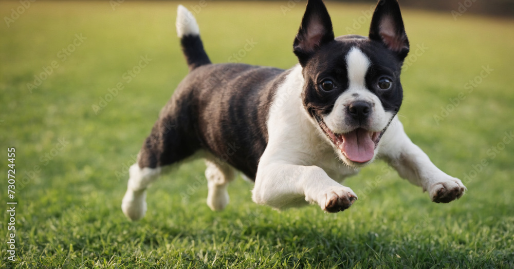A lively Boston Terrier puppy joyfully leaping and playing in a grassy field, capturing the essence of youthful energy and happiness.