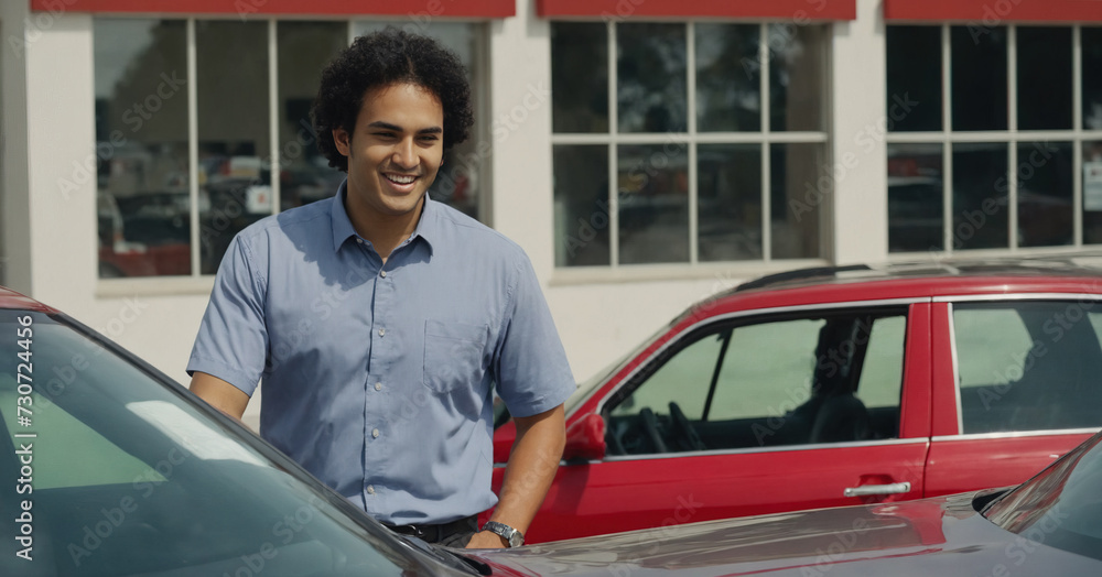 A smiling young man signing a contract to buy a used car at the dealership, representing the automotive sales and purchasing process.