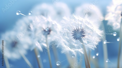 flower fluff  dandelion seeds with dew dop - beautiful macro photography with abstract bokeh background   generative ai 