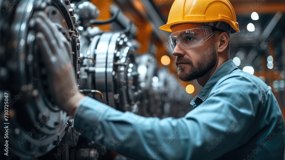 A professional mechanical engineer man is operating equipment in a large industrial plant to ensure the stable operation of the production line. Generative AI. A professional mechanical engineer man is operating equipment in a large industrial plant to ensure the stable operation of the production line. Generative AI.