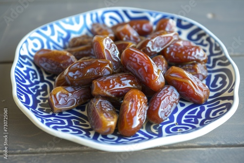 blue and white arabic plate filled with honeydipped dates