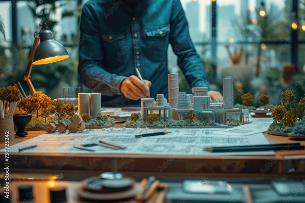 Architect Finely Detailing a City Building Model