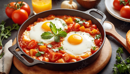 Shakshuka with Eggs and Ingredients Around Background