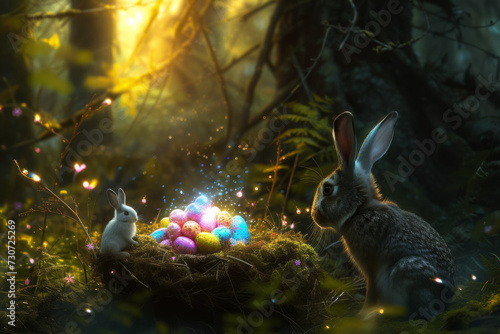 Easter bunnies with nest of Easter eggs in the magic forest background. Easter card
