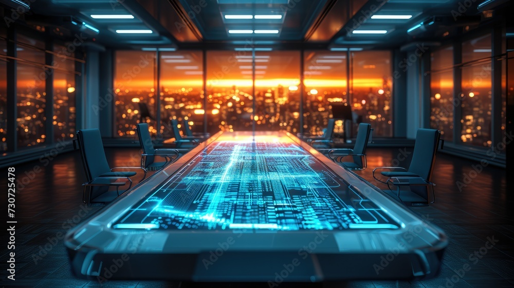 Fototapeta premium Future office table, Workplace with modern devices, holographic screens. Generative AI.