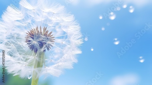 Isolated dandelion with dew on blue sky background. Close-up of dewdrop on the head of dandelion. Purity and blooming   generative ai  