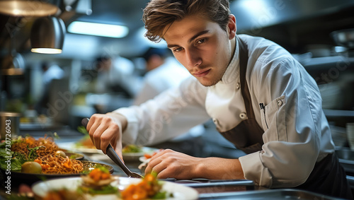 A young adult chef perfecting a dish. Generative AI.