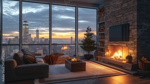 Cozy room, stone fireplace by the big window with city view. Generative AI. photo