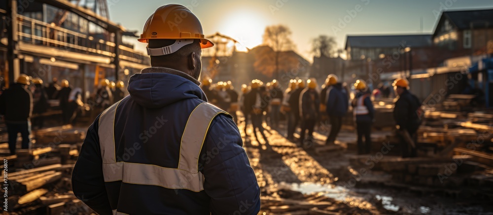 Construction engineer talking to workers at building construction site