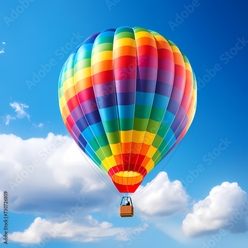 A rainbow-colored hot air balloon in a clear blue sky