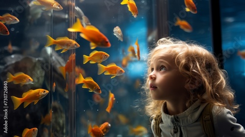 Close-up of a beautiful smiling little girl watching orange fish swimming in an aquarium. Sightseeing, Travel, Entertainment and fun family weekend concepts.