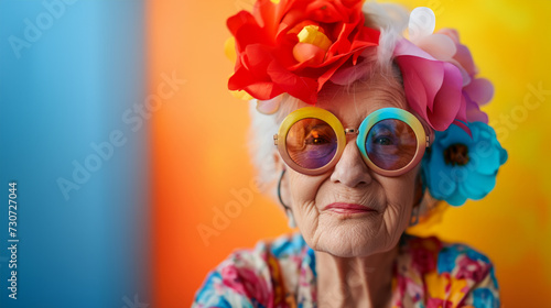 Portrait of good looking senior woman wears spectacles bright makeup looks at camera with pleased expressionisolated over colorful background. People age concept. Image of a beautiful and elegant old  photo