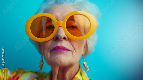 Portrait of good looking senior woman wears spectacles bright makeup looks at camera with pleased expressionisolated over colorful background. People age concept. Image of a beautiful and elegant old 
