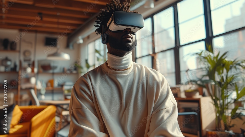 Black tall man in his home office with VR glasses doing productivity apps in his modern loft. Generative AI.