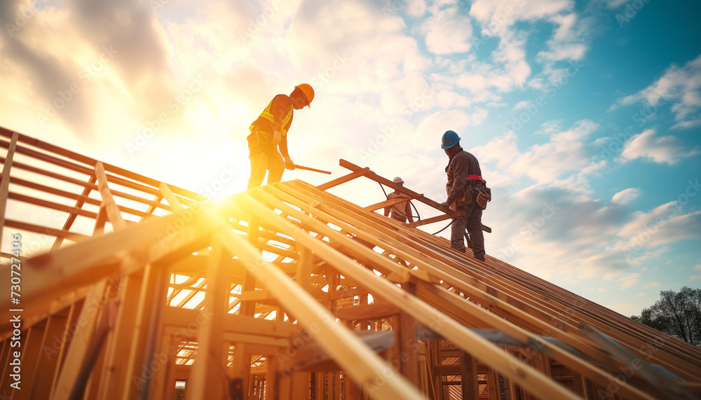 Naklejka premium A man builder in a helmet builds the frame of the roof of the house, roofing roof construction work