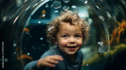 Close-up of a surprised cute boy watching the fish in the water tunnel in aquarium. Sightseeing, Travel, Entertainment and fun weekend concepts.