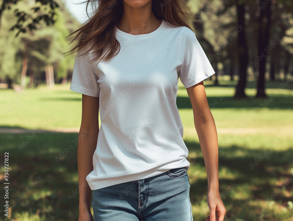 White short sleeves T-shirt mockup on a slim woman silhouette, park and nature background summer White short sleeves T-shirt mockup on a slim woman silhouette, park and nature background summer