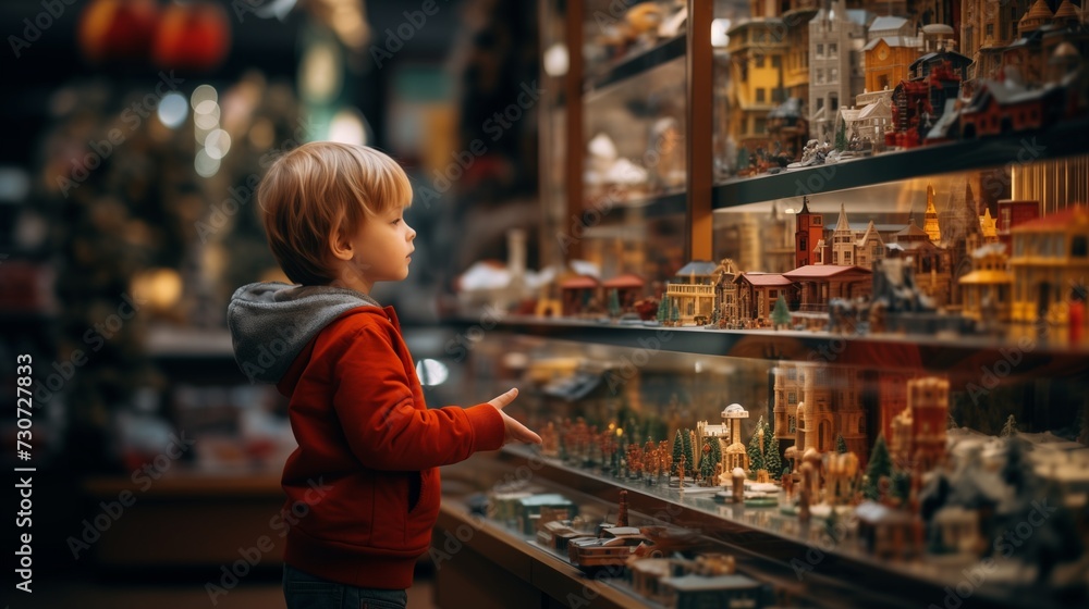 A young child in a red hoodie marvels at a magical display of miniature buildings in a toy store, creating an enchanting shopping scene. - obrazy, fototapety, plakaty 