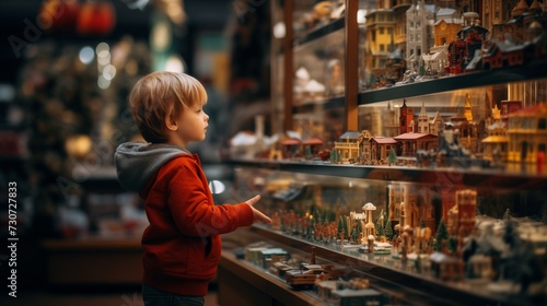 A young child in a red hoodie marvels at a magical display of miniature buildings in a toy store, creating an enchanting shopping scene. photo