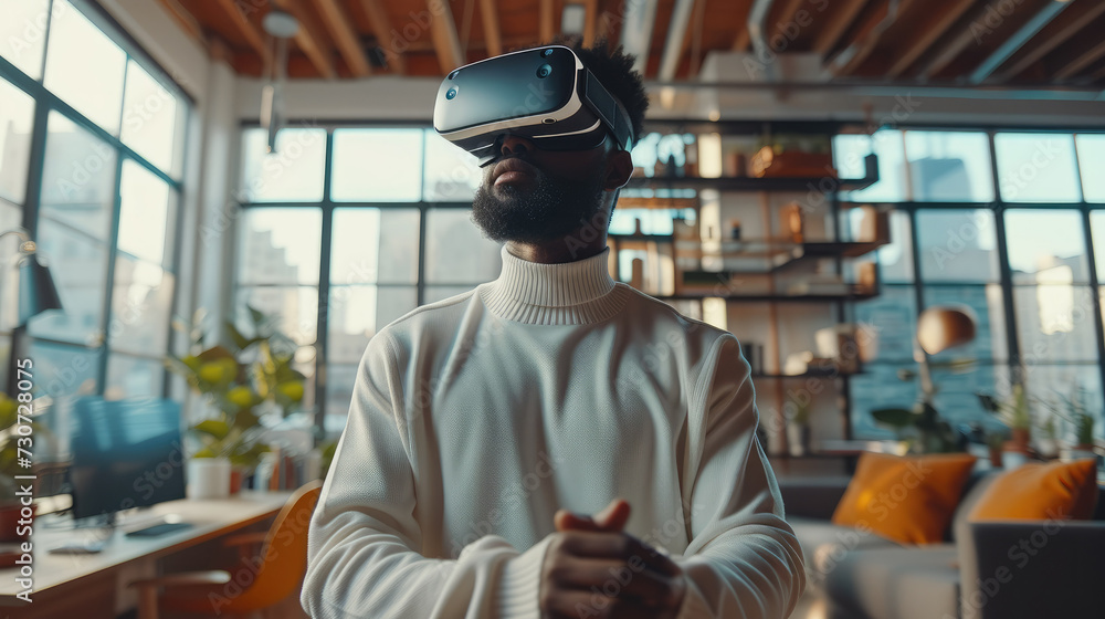 Black tall man in his home office with VR glasses doing productivity apps in his modern loft. Generative AI. Black tall man in his home office with VR glasses doing productivity apps in his modern loft. Generative AI.