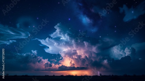 Spectacular night sky with a thunderstorm lighting up the clouds  stars twinkling above  and the Milky Way s cosmic presence  merging the earth s fury with celestial wonder.