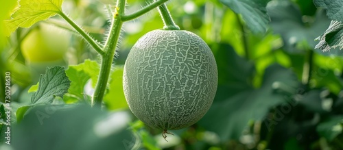 Green melon on a plant in nature, seen up close.