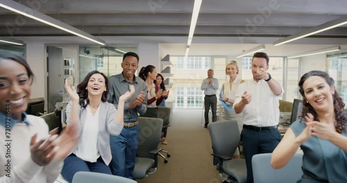 Businesspeople, clapping and celebration for support in office, team building and success. Coworkers, diversity and unity for achievement, applause and pov for good news and salary increase for you