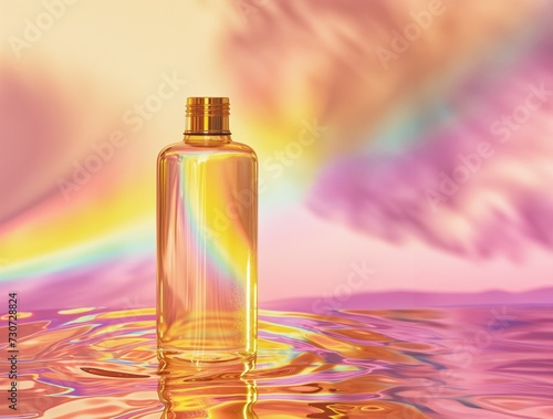 A Beauty Bottle Packaging Mock Up in Rainbow Gradient  Dreamy Iridescent Lighting  body care bottle  spa skincare concept  beauty concept  health and wellness packaging mock up