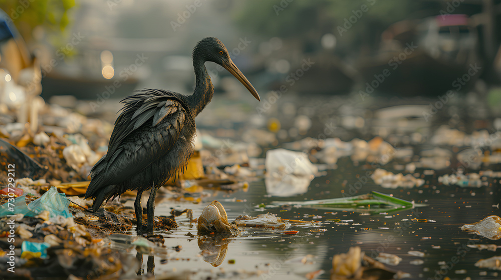 Naklejka premium Dirty bird stands among garbage and plastic trash. Environmental pollution, toxic emissions into water, oil pollution, The environment is not good.