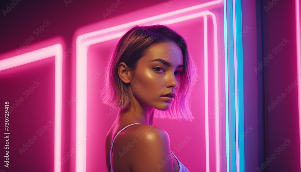Fashion-forward woman with vibrant neon lighting