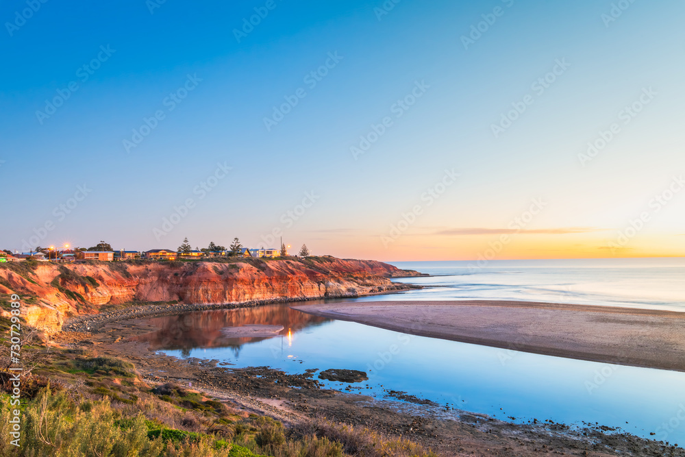 Spectacular view of the Onkaparinga River mouth in South Port during sunset time, Port Noarlunga, South Australia