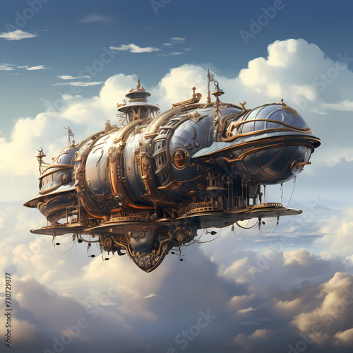 A steampunk-inspired airship soaring through the clouds.