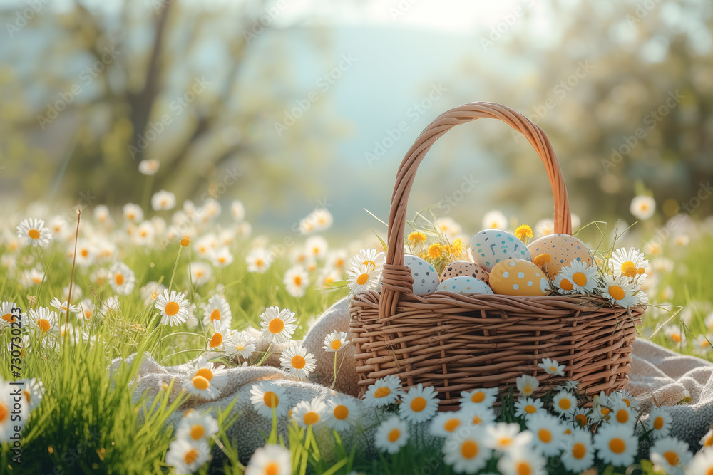 Wicker basket with Easter eggs in green grass against flower meadow. Space for text. Easter card Wicker basket with Easter eggs in green grass against flower meadow. Space for text. Easter card