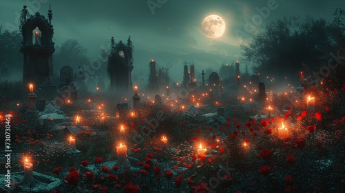 Ghostly Graveyard Glows with Red Roses and Moonlit Mystery Generative AI