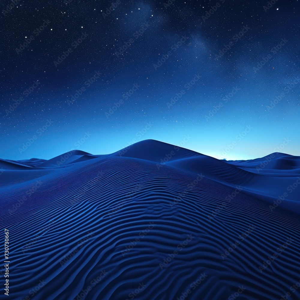 Mounds of exotic desert hills with a beautiful blue color at night are complemented by slight reflections of white light against the backdrop of space stars and galaxies. Generative Ai