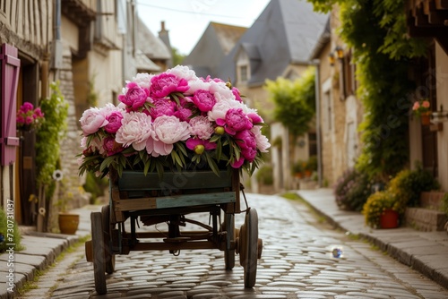 Fototapeta Naklejka Na Ścianę i Meble -  cart filled with peonies crossing a quaint cobblestone street
