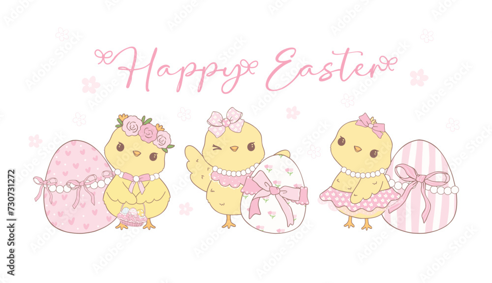 Cute Pink Coquette Easter, group of Chicks with eggs Cartoon banner, sweet Retro Happy Easter spring animal Hand Drawing. Cute Pink Coquette Easter, group of Chicks with eggs Cartoon banner, sweet Retro Happy Easter spring animal Hand Drawing.