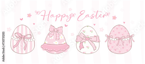 Cute Pink Coquette Easter eggs Cartoon banner, sweet Retro Happy Easter spring animal Hand Drawing.